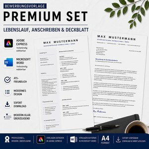 May include: A premium resume set with a modern design, including a resume, cover letter, and cover sheet. The set is editable in Adobe Express and Microsoft Word. The text "PREMIUM SET" is at the top. The set is ATS-friendly and available for immediate download.