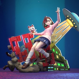 May include: A figurine of a girl in a pink sweater and blue skirt, with a cat, being beamed up by a UFO. The figurine is on a base with red block letters and a cityscape. The UFO has a blue dome and yellow lights.
