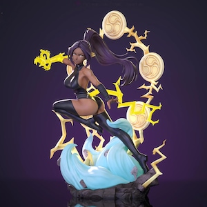 May include: A dynamic figurine of a character in a black outfit with purple hair, poised in a fighting stance. The figure is surrounded by stylized yellow lightning bolts and decorative elements, with a light blue and white base.