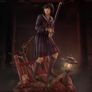 May include: A detailed figurine of a young person in a school uniform holding a baseball bat. The figure stands on a base with a broken red structure, a doll, and a stone lantern. The color palette is dark with red and purple accents.