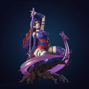 May include: A detailed figurine of a character in a dynamic pose, clad in a blue and red costume, holding a purple sword. The figure is set against a dark blue backdrop, with a stylized purple butterfly and a wooden base.