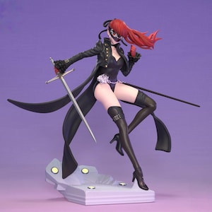 May include: A detailed figurine of a character in a black outfit, holding a sword and a red object. The figure has red hair and a mask, with a long black coat and high-heeled boots. The base is white with a purple background.