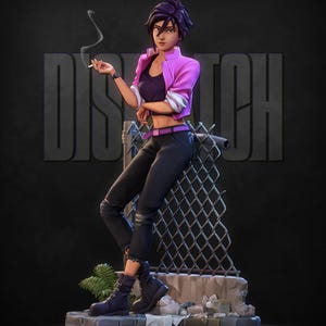May include: A stylized figurine of a person in a pink jacket, black pants, and boots, leaning against a chain-link fence. The figure is holding a cigarette. The word "DISPATCH" is in the background.