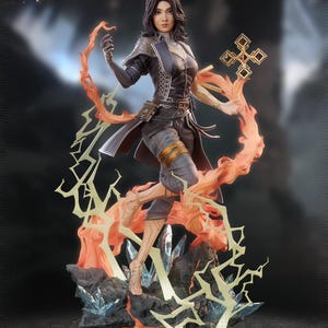 May include: A detailed figurine of a woman in a dark outfit, holding a golden cross and surrounded by orange flames and golden lightning. The figure stands on a rocky base with crystal accents. The woman has dark hair and a determined expression.