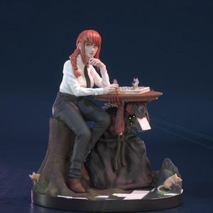 May include: A detailed figurine of a woman with red hair, wearing a white shirt and black pants, seated on a tree stump. She is playing chess on a small table supported by a monster figure. The base features a checkered pattern and small rat figurines.