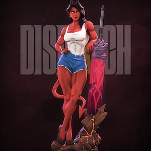 May include: A red-skinned figure with horns, a tail, and a white tank top, blue shorts, and black heels. She leans on a large, pink and gray sword. The word "DISPATCH" is in the background.