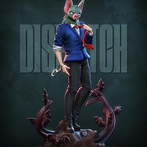 May include: A figurine of a person wearing a bat mask, blue blazer, black pants, and a red tie. The figure stands on a base with bat-shaped accents. The word "DISPATCH" is in the background.