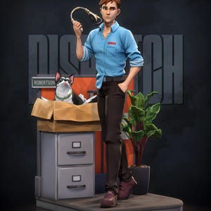 May include: A figurine of a man in a blue button-down shirt and brown pants holding a headset. A dog in a cardboard box sits next to a filing cabinet. The word "DISPATCH" is in the background.
