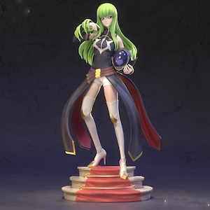 May include: A detailed figurine of a female anime character with long green hair, wearing a black and red dress, white shorts, and white boots. The figure is holding a blue orb and standing on a multi-tiered platform with a red carpet.