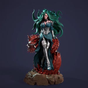 May include: A detailed figurine of a woman with flowing green hair and a teal and silver outfit, standing atop a red dragon. The dragon has sharp teeth and red eyes. The figurine is on a rocky base.