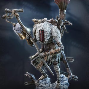 Peut inclure: Figurine détaillée d'une créature fantastique avec une tête et une poitrine en fourrure blanche, tenant une canne avec une lanterne et une grande brosse sur le dos. La figurine est vêtue de vêtements en lambeaux et se tient sur un socle rocheux.