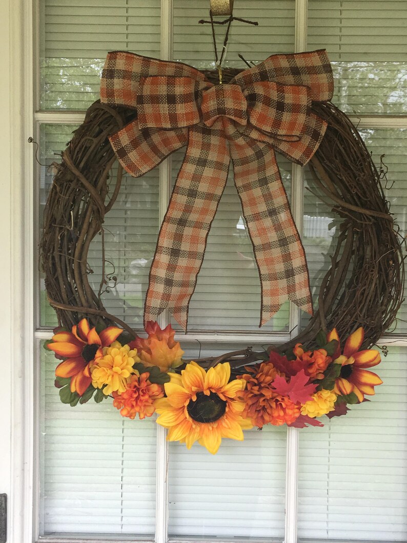 Front Door Autumn Wreath Sunflower Vine Wreath with Fall Flowers