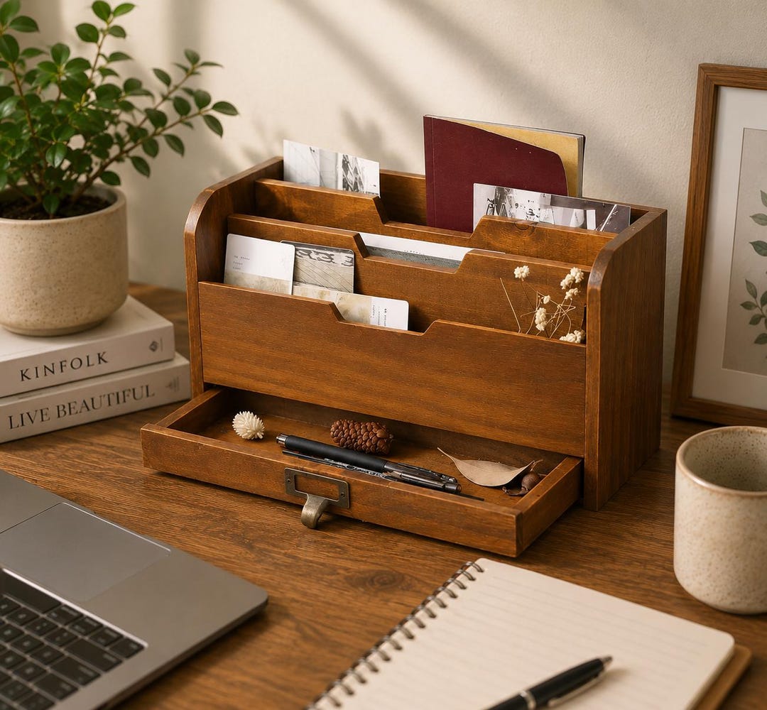 3 Tier Wooden Desk Organizer - Country Rustic Compartments Slot File ...