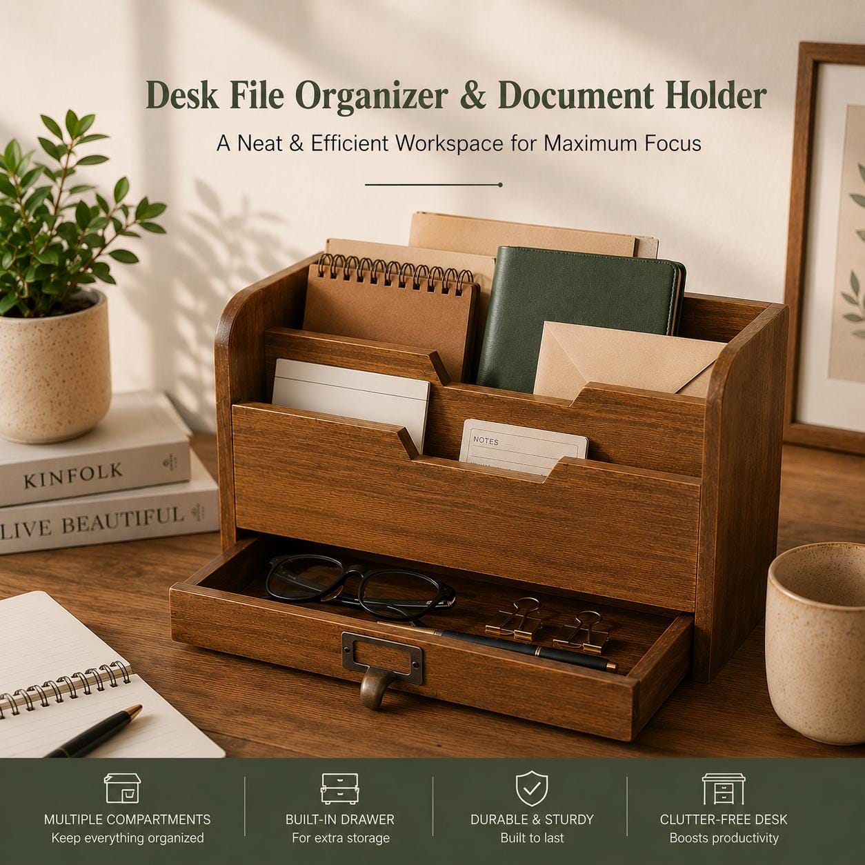 3 Tier Wooden Desk Organizer - Country Rustic Compartments Slot File ...