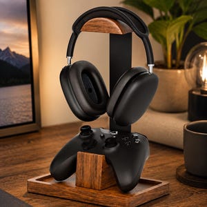 Headphone Stand and Controller Holder, 2-in-1 Walnut Wood Gaming Desk Organizer Compatible with Controllers, Display Mount for AirPods Max