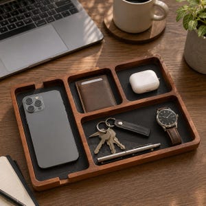 May include: A wooden desk organizer with multiple compartments. It holds a smartphone, wallet, keys, pen, watch, and wireless earbuds. The organizer has a dark wood finish with black lining in each compartment. A laptop and a cup of coffee are in the background.