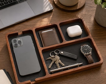 Wooden Valet Tray for Men, Nightstand Organizer with Leather Inlay, EDC Essentials Catchall Tray for Keys, Phone, Wallet, Watch, Earbuds