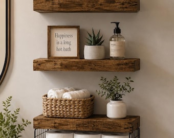 Bathroom Shelves Over Toilet Set of 3, Rustic Brown Floating Wall Shelves, Farmhouse Bathroom Storage & Toilet Paper Holder 16 Inch