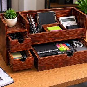 May include: A wooden desk organizer with multiple compartments and drawers. It features a small potted plant, pens, notebooks, sticky notes, a calculator, and other office supplies. The organizer is made of stained wood.