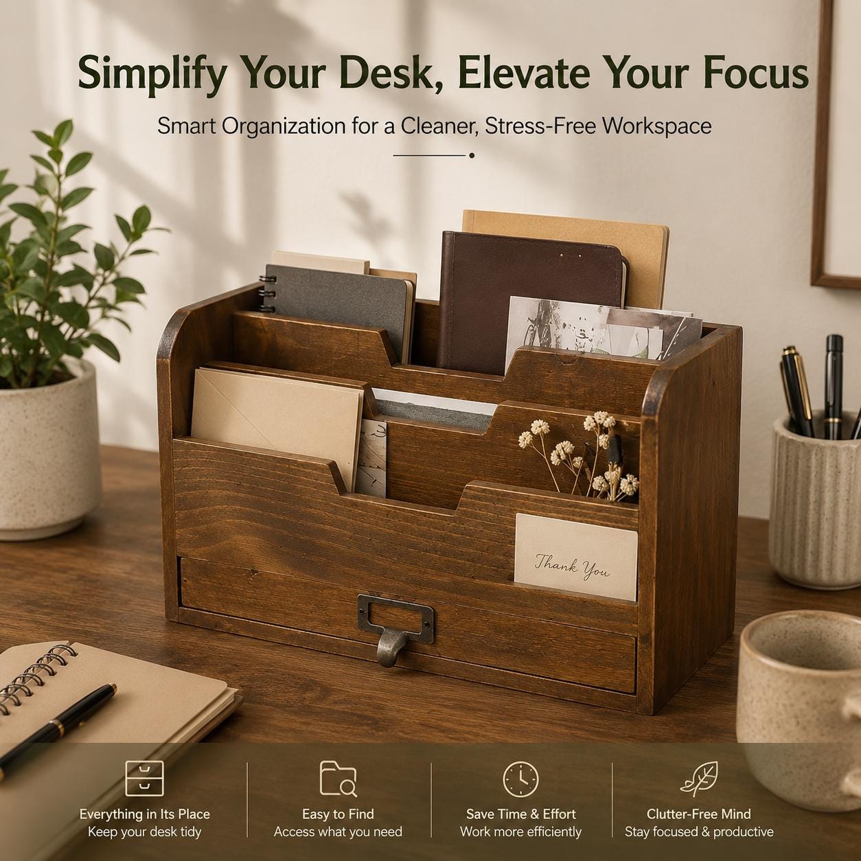 3 Tier Wooden Desk Organizer - Country Rustic Compartments Slot File ...