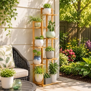 Puede incluir: Un soporte para plantas de madera de varios niveles con una estructura vertical y varios estantes que sostienen diversas plantas en macetas, incluyendo suculentas, cactus y follaje verde en macetas de cerámica blancas, grises, azules y verdes.