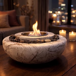 May include: A round, white, marble-patterned tabletop fire pit with a smooth, curved exterior. The centre features a circular metal burner with a visible flame, surrounded by a ring of small, smooth, dark grey and brown river stones.