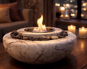 Round Tabletop Fire Pit, Stone Effect Fireplace, Modern Dining Room Decor
