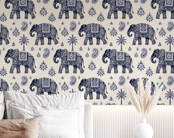 Blue Elephant Wallpaper | Chinoiserie Peel and Stick Wallpaper | Indian Block Print Wallpaper | Boho Nursery & Bedroom Wall Decor