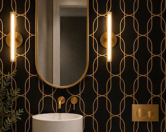 Luxury Art Deco Wallpaper Black Gold | Geometric Peel and Stick Removable Wallpaper for Bathroom Kitchen Dining & Powder Room