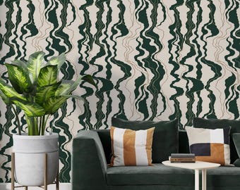 Abstract Wavy Wallpaper | Peel and Stick Wallpaper | Retro Modern Wallpaper | Organic Wave Wall Mural | Mid Century Wallpaper PH1090