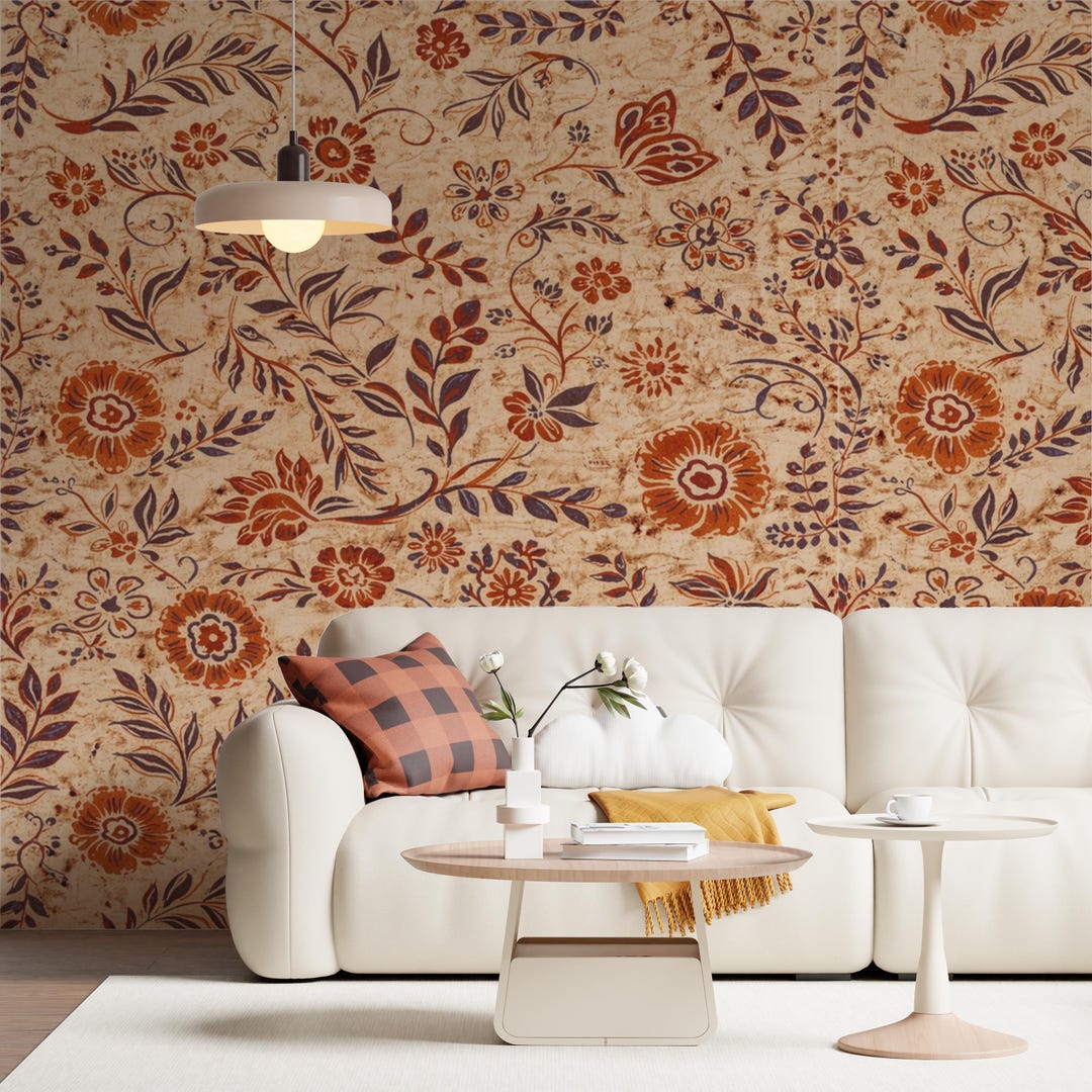 Indian Rusty Background Vintage Indian Floral Wallpaper – Rust Indigo Boho Botanical Peel and ...