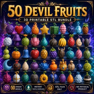 May include: A digital collection of 50 unique 3D printable STL files titled 50 Devil Fruits. The image displays a variety of colorful, stylized fruit-shaped models arranged on shelves, including spheres, stars, cubes, and organic shapes.