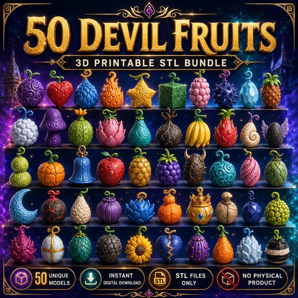 50 Teufelsfrüchte im STL-Format, Fantasy-Früchte für den 3D-Druck, Anime-inspirierte Sammlermodelle, sofortiger digitaler Download