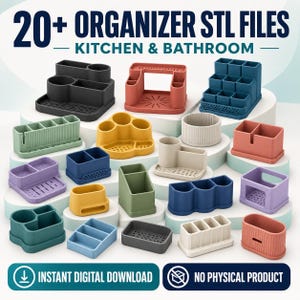 May include: A collection of 20+ organizer STL files for kitchen and bathroom use, featuring various plastic-style containers in colors like black, red, blue, yellow, green, and beige. The text reads 20+ ORGANIZER STL FILES KITCHEN & BATHROOM.