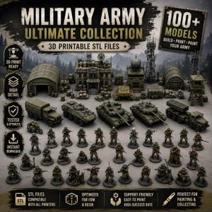 May include: A digital collection of 100+ 3D printable STL files featuring military army models. The set includes various tanks, transport trucks, buildings, communication towers, and numerous miniature soldier figures in olive green tones.