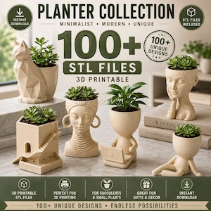 Pode incluir: Uma coleção de vasos bege imprimíveis em 3D com vários designs, incluindo um gato geométrico, uma figura com um portátil, uma pessoa com anéis no pescoço e uma casa com escadas, todos contendo pequenas plantas suculentas verdes.