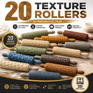 20 Texture Rollers STL Bundle | Pattern Rolling Pin 3D Print Files | Clay Fondant Dough Embossing Rollers | FDM Resin Printable STL