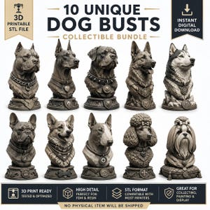 10 Unique Dog Busts STL Bundle | 3D Printable Dog Bust Collection | High Detail Canine Statues | FDM & Resin Ready | Digital Download