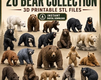 20 Bear STL Bundle, Wildlife Animal Miniatures, 3D Printable Bear Figures, Polar Grizzly Black Bear Models, Instant Download