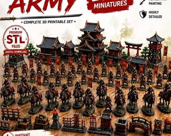 100+ Samurai Army Miniatures STL Bundle | 3D Printable Japanese Wargame Figures | Samurai Castle Terrain | Tabletop RPG |  Digital Download