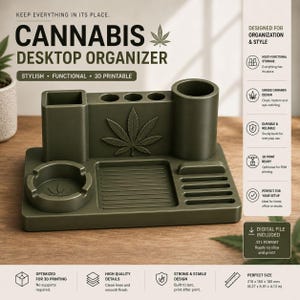 May include: Olive green cannabis desktop organizer with multiple compartments, including a cylindrical holder, ashtray, and tray. The organizer features a cannabis leaf design and the text "CANNABIS DESKTOP ORGANIZER". Dimensions: 8.27 x 5.91 x 4.13 inches.