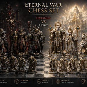 May include: An Eternal War chess set featuring two opposing factions. The left side displays dark, armored figures labeled Forces of Darkness, Orcs & Creatures. The right side shows light, ornate figures labeled Forces of Light, Immortals & Gods.