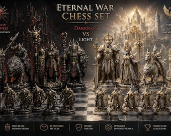 Eternal War Chess Set STL Bundle | Darkness vs Light Fantasy Schachfiguren | 3D Druckbare Ork & Paladin Schach Armee | FDM Resin STL Dateien