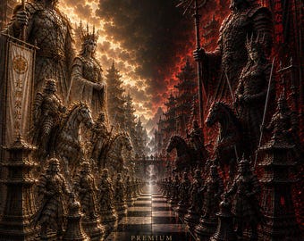 May include: Digital art depicting a chess set with a "Light vs Dark Army" theme. The image features detailed chess pieces, with text that reads "Premium Chess Set" and "Print. Play. Conquer."