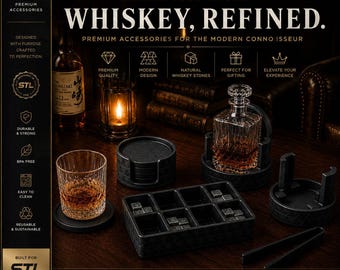 WHISKEY ZUBEHÖR STL Bundle | 3D druckbare Whisky Bar Set | Dekanter Stand, Untersetzer-Set, Whisky Stones Box & Glashalter