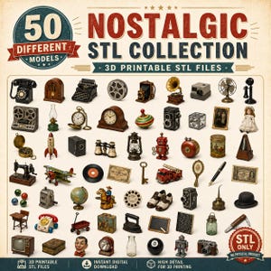 Può includere: Una collezione di 50 file STL stampabili in 3D con oggetti vintage in miniatura, tra cui un telefono a disco, una macchina da scrivere, una bobina, una fotocamera, un mappamondo, un robot giocattolo, una macchina da cucire e vari oggetti domestici.