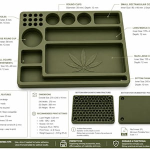 Puede incluir: Bandeja para liar verde oliva con m&uacute;ltiples compartimentos, incluyendo copas redondas y un compartimento rectangular. Presenta un dise&ntilde;o de hoja de cannabis y mide 27,0 x 20,0 x 1,8 cm. Incluye una estructura de panal en la base.