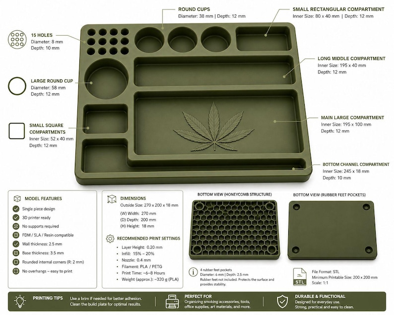 Puede incluir: Bandeja para liar verde oliva con m&uacute;ltiples compartimentos, incluyendo copas redondas y un compartimento rectangular. Presenta un dise&ntilde;o de hoja de cannabis y mide 27,0 x 20,0 x 1,8 cm. Incluye una estructura de panal en la base.
