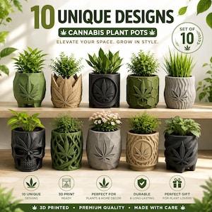10 Cannabis Planter STL Bundle | 3D Printable Plant Pot Set | Weed Leaf Flower Pot Collection | Skull Planter | Low Poly Planter