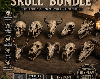 10 Skull STL Bundle | 3D Printable Skull Collection | Dragon, Human, Beast & Horned Skull Models | Instant Download